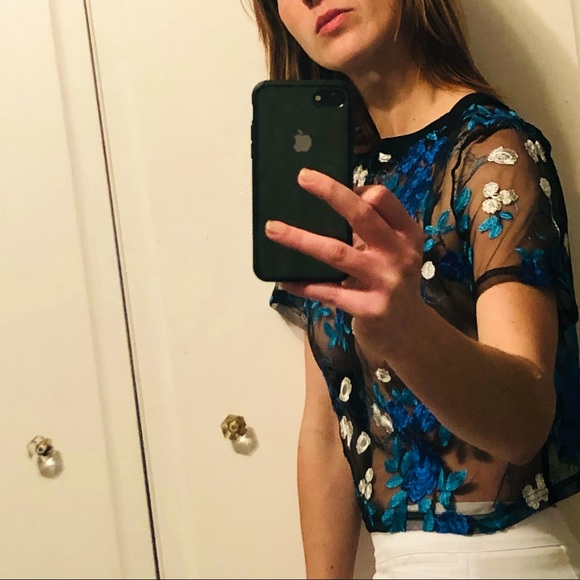 Embroidered Floral Sheer Mesh Crop Top - Picture 7 of 8